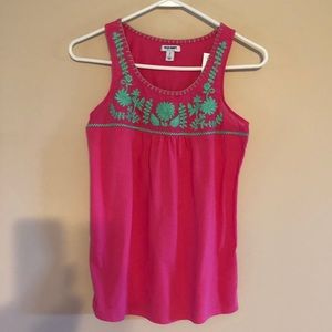 Hot pink tank with green embroidered detail